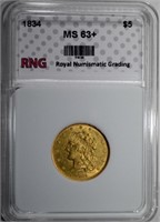 1834 $5.00 GOLD RNG CH BU+