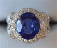 14K Gold 6.64ct Genuine Sapphire & Diamond Ring