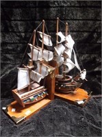 2 WOOD SHIP BOOKENDS