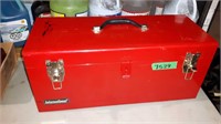 RED STEEL TOOLBOX WITH  TOOLS 21 X 9 X 9"