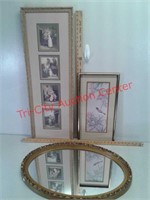 Home decor, gold framed mirror and 2 pictures