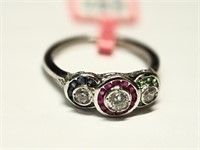 $700 St. Silver Ruby, Sapphire, Emerald Ring
