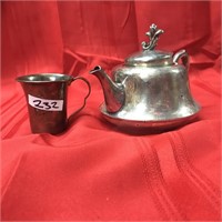 LOT 2 Silver Plate Tea Kettle & Tea Cup