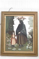 Oil Painting of European Woman & Young Girl,