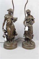 Pair of Bronzed Figural Maiden Lamps,