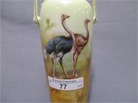 RS Poland 7.75" 2 handle vase w. Ostrich,