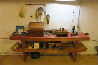 8' Pine bench with miniature Gould's hand pump, to