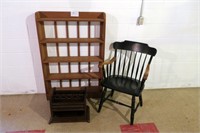 Lot, 34" Pine bookshelf, college chair, and mahoga