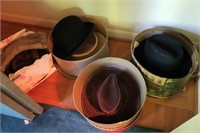 Lot, vintage hat boxes with men's hats, Tuxedo and