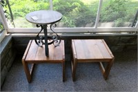 Lot, two pine end tables and iron base stand