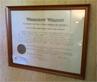 Framed certificate from Woodrow Wilson, dated 1944