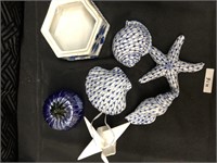 Lot Blue & White Ceramic Sea Shells Box StarFish