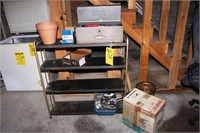 4 shelf metal rack and contents and