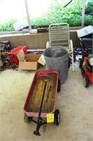 little red wagon, trash can and chair
