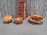 Assorted wooden bowls, spoon and fork