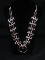 Vintage Silver & Red Coral Squash Blossom Necklace