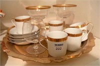Gold Rim cups, saucers, glasses and tray