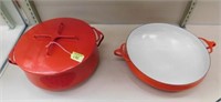 PAIR DANSK ENAMEL COOKING PANS - ORANGE/RED