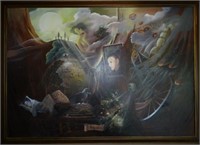 LARGE SURREALIST PAINTING, SIGNED ILLEGIBLY, DATED