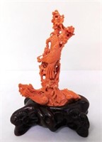 ANTIQUE CORAL BRANCH CARVING OF BIRDS WITH STAND