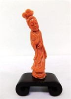 ANTIQUE CORAL BRANCH CARVING OF GUANYIN