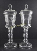 Two Bohemian Etched Mantle Spill Vases