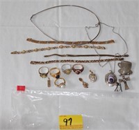 BAG OF ASSORTED SLIVER RINGS, NECKLACE AND
