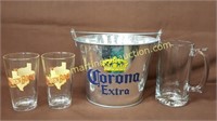 Corona Beer Metal Bucket & Glasses
