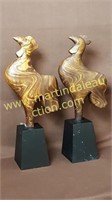 2 Wooden Rooster Sculptures