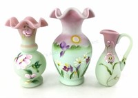 (3) Fenton Hand Painted Glass Vases & Pitcher