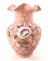 Fenton Hand Painted Pink Diamond Satin Glass Vase