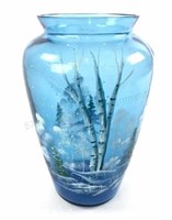 Fenton Hand Painted Blue Glass Vase