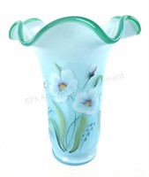 Fenton Hand Painted Blue Glass Vase