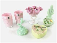 (6) Fenton Art Glass Compote, Cups, Trinket Box,