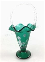 Fenton Hand Painted Green Art Glass Basket Vase