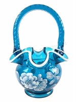 Fenton Hand Painted Blue Art Glass Basket