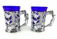 (2) Art Deco Chrome & Cobalt Glass Mugs