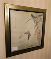 Framed Oriental wood block print, 34" x 34"