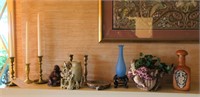 Lot, assorted items on mantle, including