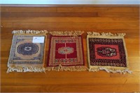 Lot, three, 1' x 1' Oriental rugs, wool (pads)