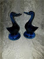 Pair of Viking art glass duck figurines blue