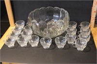Heavy Pressed Glass Punch Bowl Set W 18 Cups