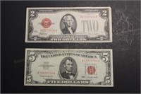 1928 Red Seal $2 and 1963 Red Seal $5 Notes