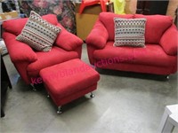 modern red settee & chair with ottoman