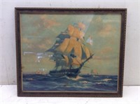 Vtg Print of Old Ironsides Behind Glass   23 x 19