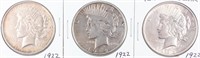 Coin 3 Peace Silver Dollars 1922 P,D & S