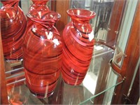 PAIR OF SWIRL RUBY RED CZECH GLASS VASES