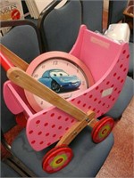 Girls toy stroller and cars clock