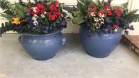Pair of Blue Glazed Clay Flower Pots