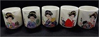 Oriental Saki cups and saucers (5)